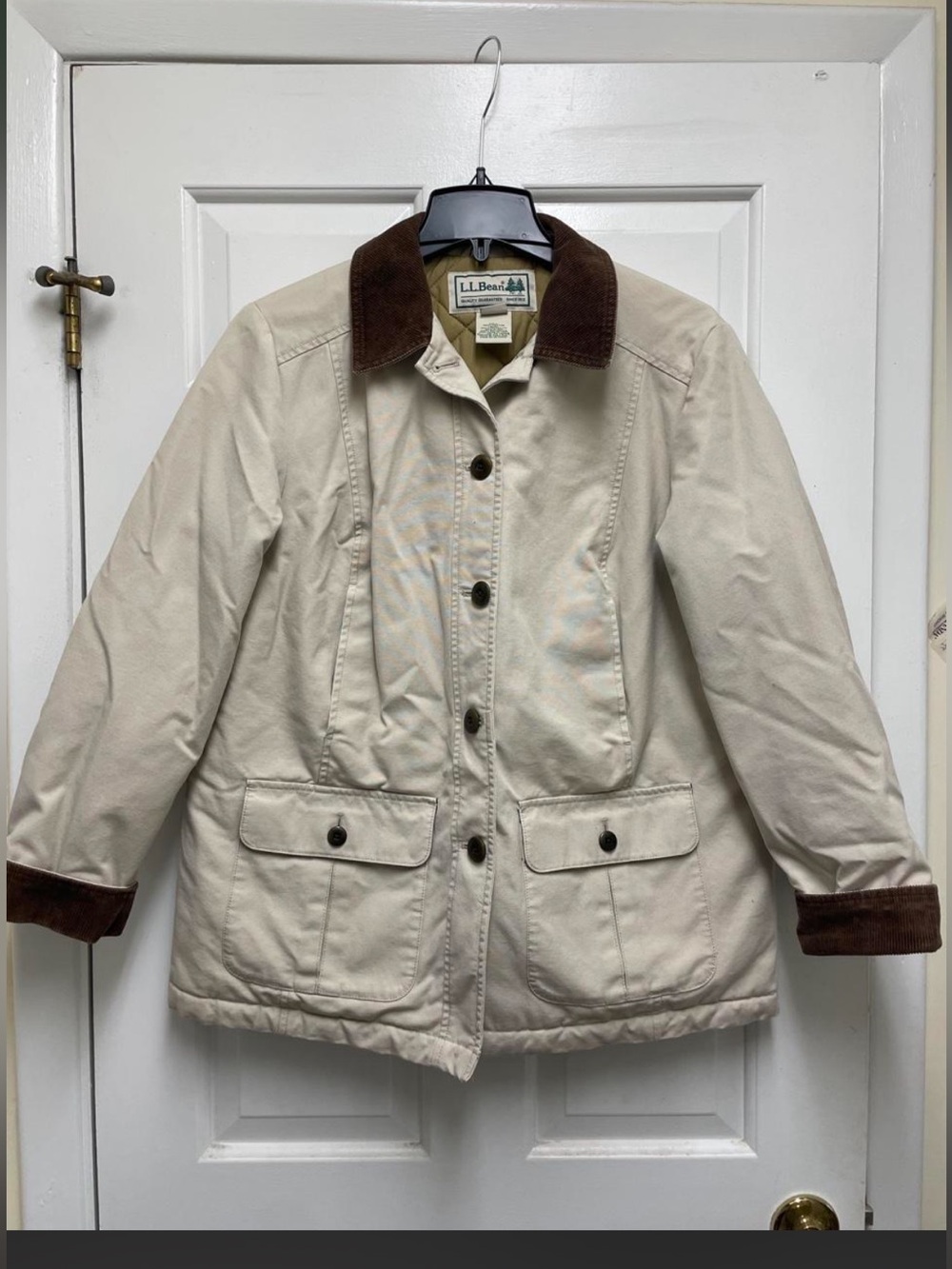 L.L. Bean Women's Beige Utility Jacket with Brown Corduroy Collar
